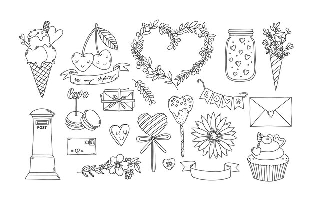 Día de San Valentín doodle elementos para colorear página