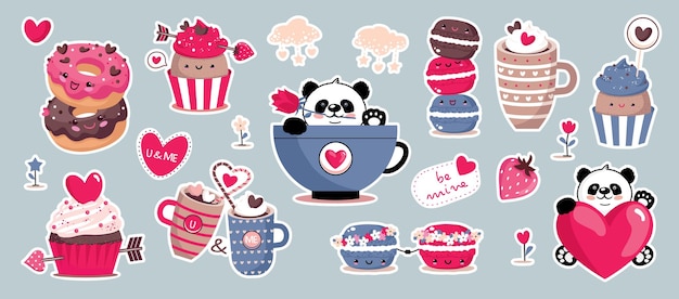 Día de san valentín con elementos: cupcake, panda, macarrón, corazones.