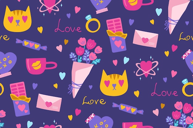 El día de San Valentín elementos románticos patrón sin costuras dibujos abstractos lindos fondo de impresión sin límites