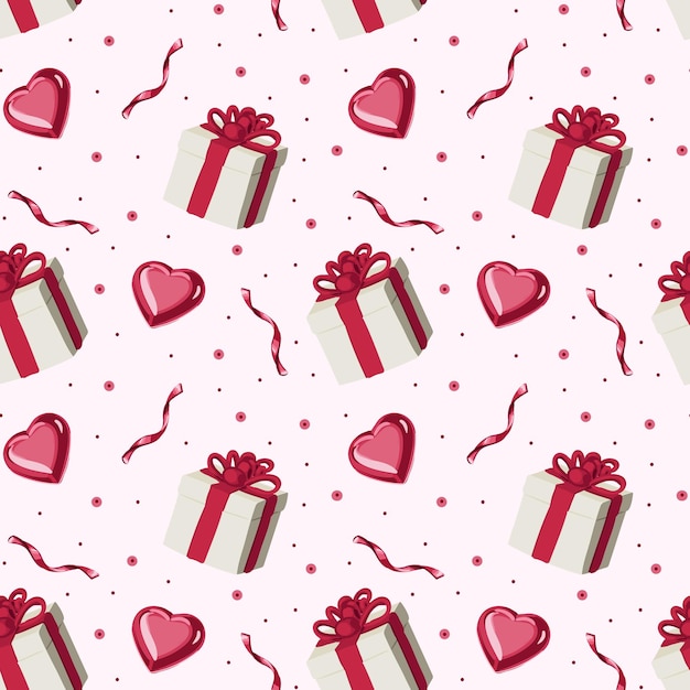 El día de San Valentín es un patrón sin costuras con regalos y corazones. Patrón para envolver postales de papel, textiles, papeles pintados, telas, etc. Ilustración de vector de estilo de dibujos animados