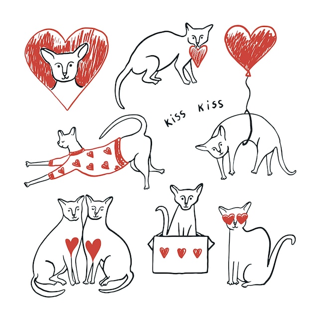 El día de San Valentín esfinge gatos y corazones línea de ilustraciones conjunto