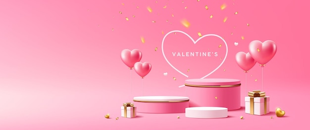 Día de San Valentín exhibición en el podio escenario rosa y oro tres podio globos en forma de corazón y caja de regalos