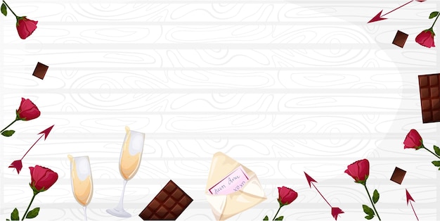 Día de San Valentín. Fondo en blanco con rosas, flechas, chocolate. Plantilla de banner, postal, web.