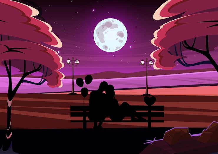 Vector día de san valentín fondo romántico pareja con silueta sentada en un banco debajo del árbol