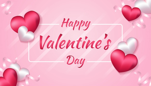 Día de San Valentín con forma de corazón 3d y cinta en color rosa y blanco, aplicable para invitación, saludo, ilustración de tarjeta de celebración