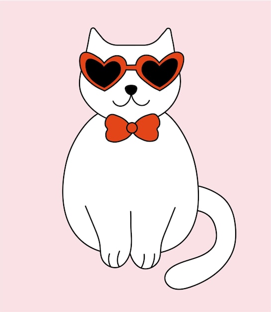 Día de San Valentín Gato con gafas de sol y corbata de lazo Ilustración plana vectorial