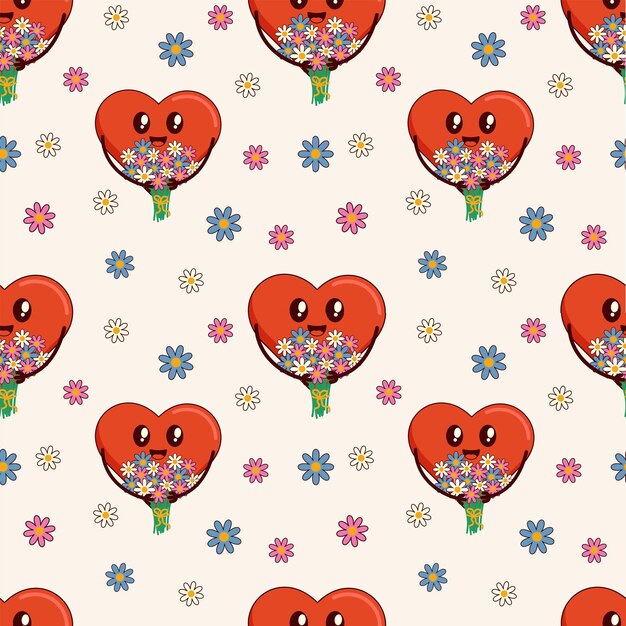 El día de San Valentín groovy patrones sin costuras corazón vintage en el estilo groovy de moda