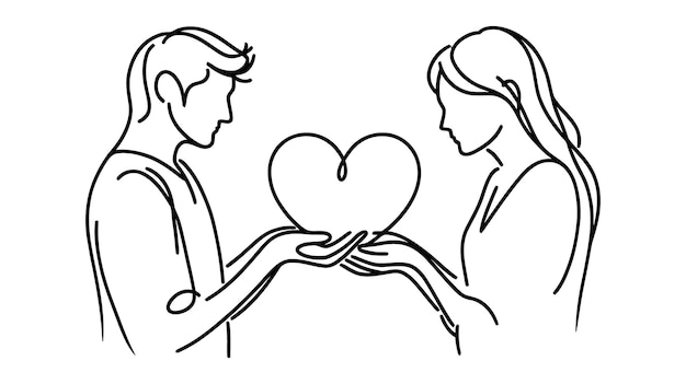 Día de San Valentín Hombre y mujer tienen un corazón Ilustración de una línea Dar amor