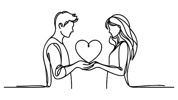 Día de San Valentín Hombre y mujer tienen un corazón Ilustración de una línea Dar amor