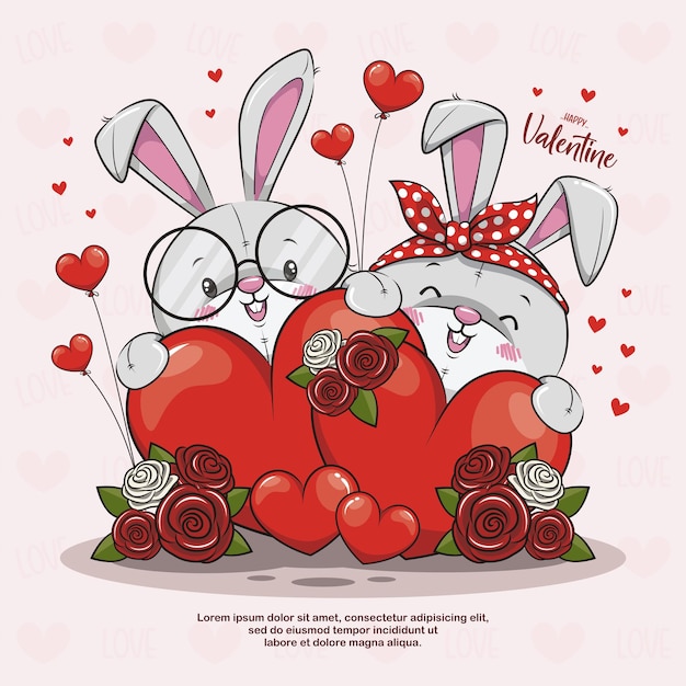 Día de San Valentín con una linda ilustración de dibujos animados de conejos