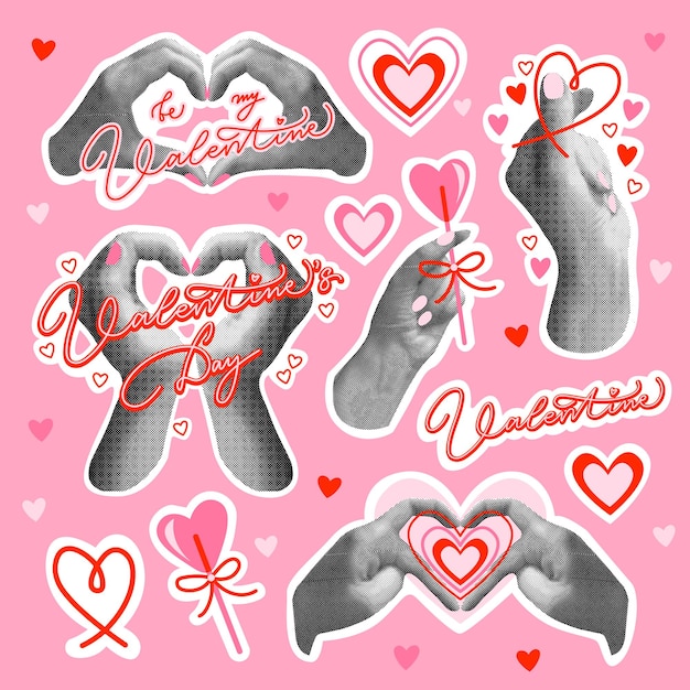 El día de San Valentín medio tono collage gestos de la mano conjunto
