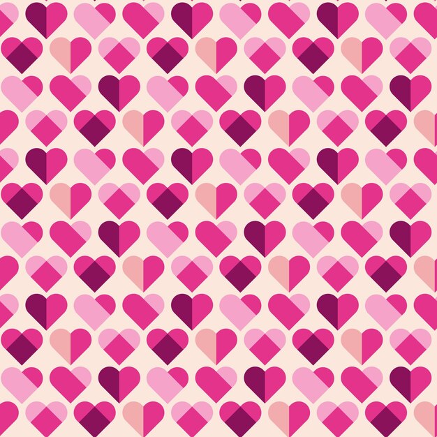 Día de San Valentín. Patrón geométrico sin fisuras con corazones rosas y morados sobre un fondo beige