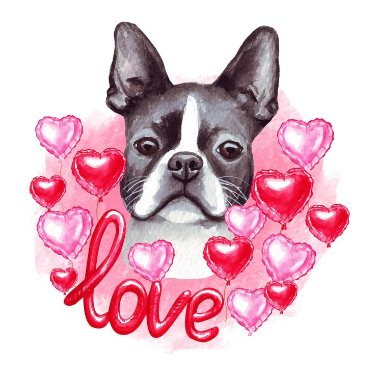 Vector día de san valentín perro boston terrier con amor y corazones. ejemplo lindo del perrito del amante del perro.