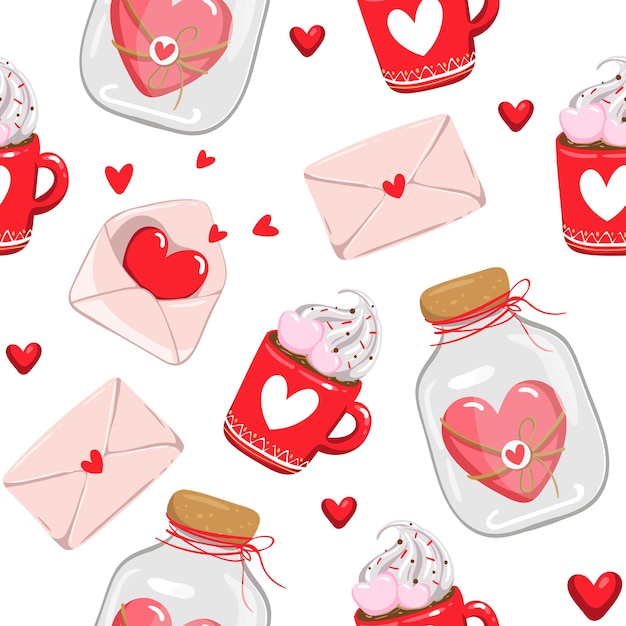 Día de san valentín romántico de patrones sin fisuras con lindas tazas, tazas, corazones, café y más. ilustración de vector eps10