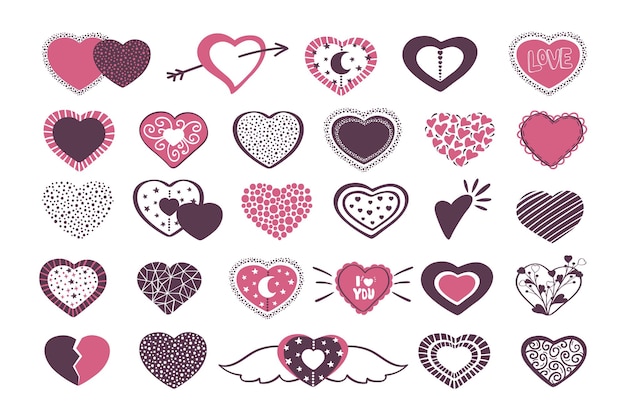 Día de San Valentín vector dibujado a mano conjunto de corazones con patrones, estrellas, flores, texto. Forma romántica, símbolo de amor. Colección abstracta de San Valentín aislada en un fondo blanco. Ilustración linda del doodle