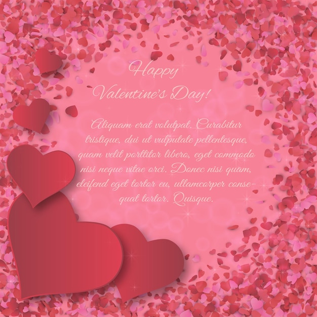 Día de San Valentín xDxTarjeta de felicitación Corazones de papel y confeti esparcido