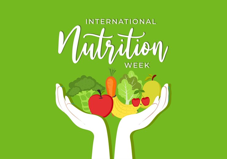 Día de la Semana Internacional de la Nutrición con frutas en la mano abierta del 1 al 7 de septiembre