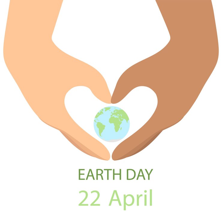 Vector día de la tierra, 22 de abril. mano europea y africana a la vista como corazón con la tierra adentro. vector