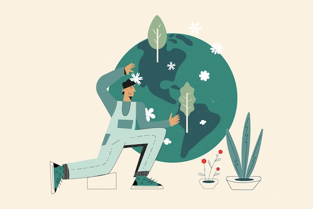 El día de la tierra protege la naturaleza y el concepto de ecología. La gente se preocupa por el planeta. Globo con árboles, plantas, flores y carácter eco voluntario. Ilustración de dibujos animados de vector plano aislado en el fondo
