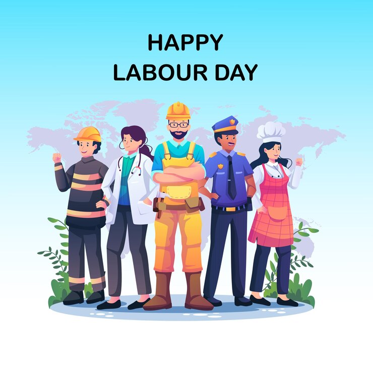 Día de los trabajadores grupo de profesionales reunidos con uniformes ilustración vectorial
