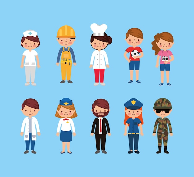Día del trabajo con caricaturas de trabajadores sonrientes en azul