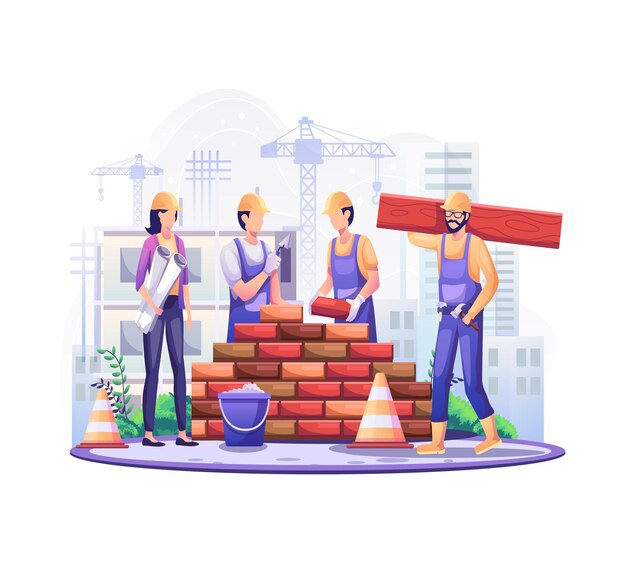 en el día de trabajo los trabajadores están colocando ladrillos y construyendo edificios