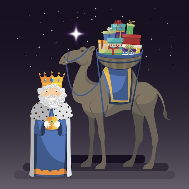 Día de los tres reyes con el rey melchor, camello y regalos por la noche.