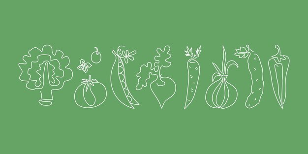 Día vegano Set de alimentos verduras dibujadas en una línea Vegetarianismo Agricultores locales mercado de alimentos dietéticos Cosecha
