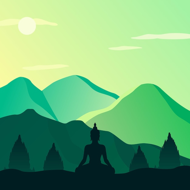 Día de vesak con guru purnima sentado detrás de templos y montañas ilustración vectorial