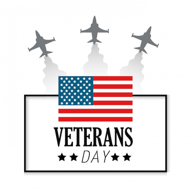 Vector día de los veteranos con bandera de estados unidos y aviones.