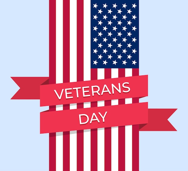Día de los Veteranos. Bandera de Estados Unidos envuelta en cinta roja