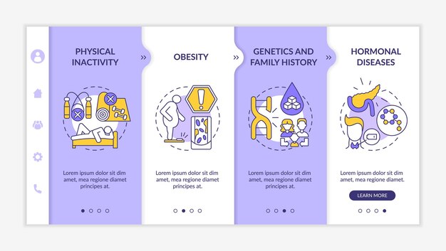 La diabetes causa una plantilla de vector de incorporación. sitio web móvil receptivo con iconos. tutorial de la página web pantallas de 4 pasos. concepto de color de inactividad física diaria con ilustraciones lineales