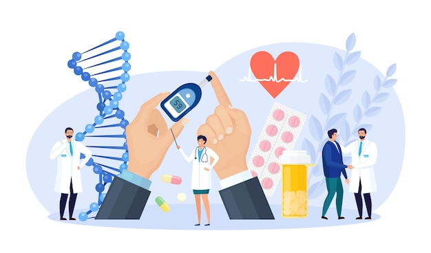 Vector diabetes. los médicos analizan la glucosa en sangre, utilizando un glucómetro para el diagnóstico de hipoglucemia o hiperglucemia. equipo de laboratorio, pastillas. médico que mide el nivel de azúcar. día mundial de la conciencia diabética