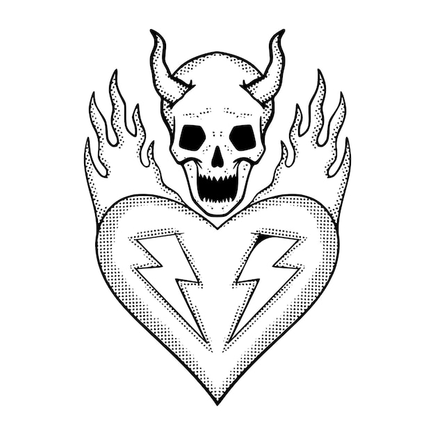 Diablo cráneo amor fuego doodle ilustración mano dibujado vector