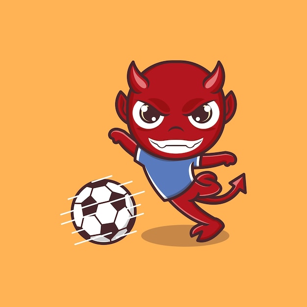 diablo de dibujos animados lindo jugando al fútbol