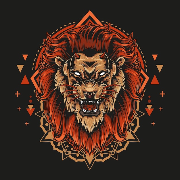 Diablo león con cara enojada y estilo de ilustración de geometría mandala en fondo negro.