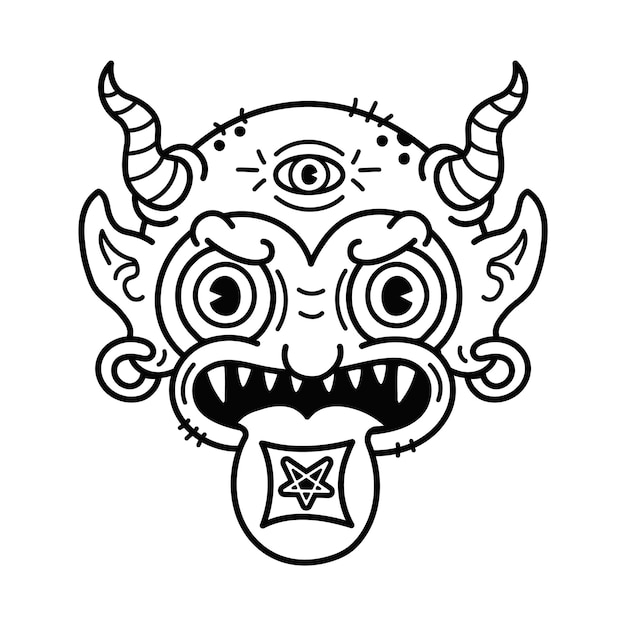 Vector diablo con marca de papel secante ácido lsd en la camiseta de la lengua imprimir página de arte de línea vectorial para colorear libro demonhornssatantrippy psychedelic devillsd acid print for postertshirtlogo concepto