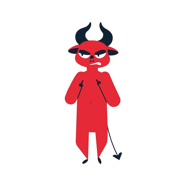 Diablo que muestra la ilustración vectorial plana del dedo medio. Pequeño demonio rojo con un personaje de dibujos animados de malos modales. Expresión de gesto ofensivo y agresivo aislado sobre fondo blanco.