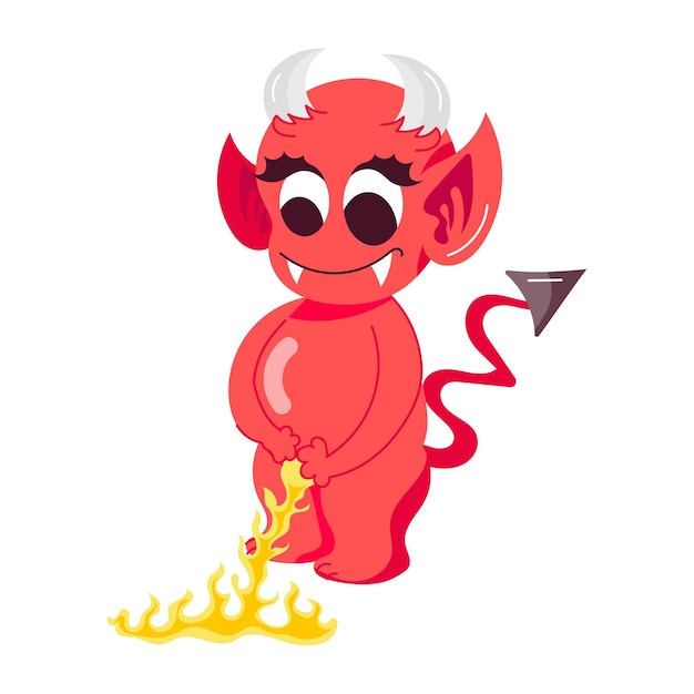 un diablo rojo con una cola roja y una flecha negra apuntando a la derecha