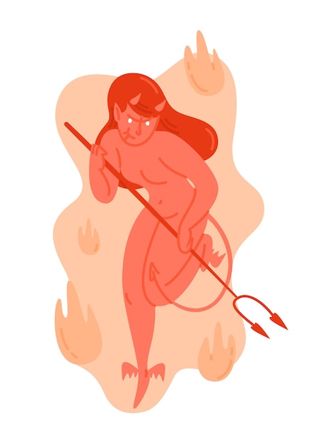 Diablo rojo femenino de dibujos animados con ilustración plana de vector de tridente. Criatura de mujer demonio enojado con cuernos rodeados de llamas aisladas en blanco. Personaje de color del infierno.