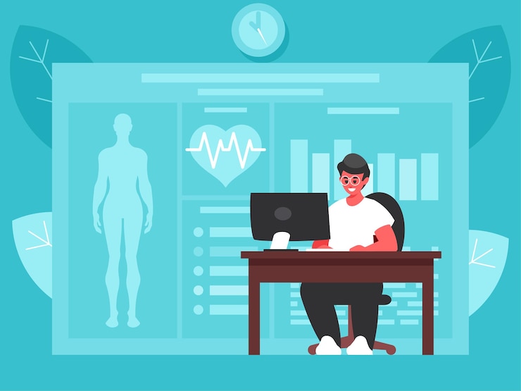 Vector diagnóstico por computadora de la salud médico que trabaja en computadora hombre en el lugar de trabajo que trabaja en pc