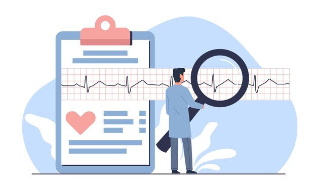 Diagnóstico de enfermedades cardiovasculares El médico mira el cardiograma a través de una lupa El examen del pulso El control de salud El tratamiento en la clínica Ilustración plana aislada de dibujos animados El concepto de vector