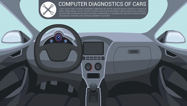 Vector diagnóstico informático del automóvil. interior del coche interior.