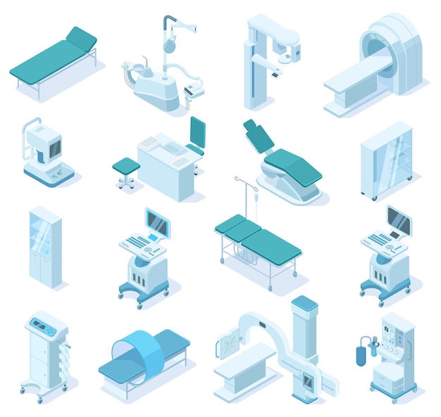 Diagnóstico médico isométrico, equipamiento sanitario hospitalario. Escáner médico MRI, escáner de rayos X y silla dental ilustración vectorial. Equipo de tecnología de ambulancia. Diagnóstico de rayos x médicos y resonancia magnética 3d