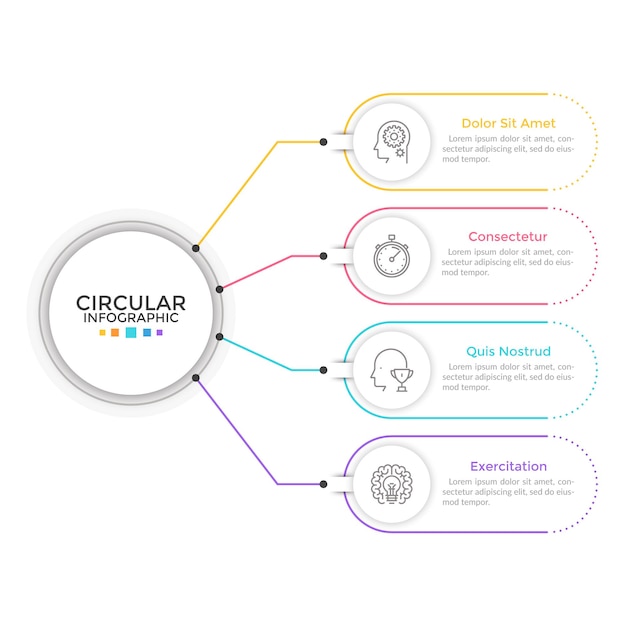 Diagrama con 4 elementos conectados al círculo principal. Concepto de cuatro características o etapas del proceso empresarial. Plantilla de diseño de infografía lineal. Ilustración de vector moderno para presentación, informe.
