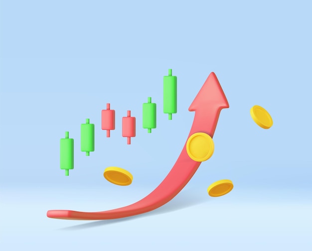 Diagrama de acciones de crecimiento 3d candelabro de gráfico financiero con flecha hacia arriba comercio de acciones o divisas