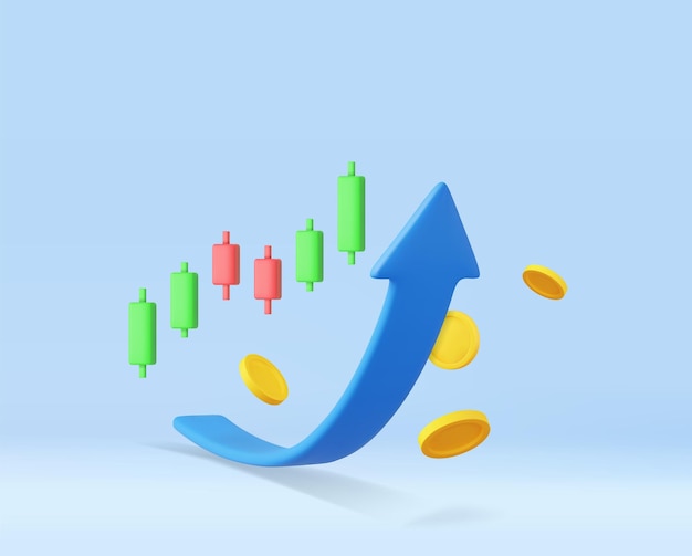 Diagrama de acciones de crecimiento 3d candelabro de gráfico financiero con flecha hacia arriba Comercio de acciones o divisas