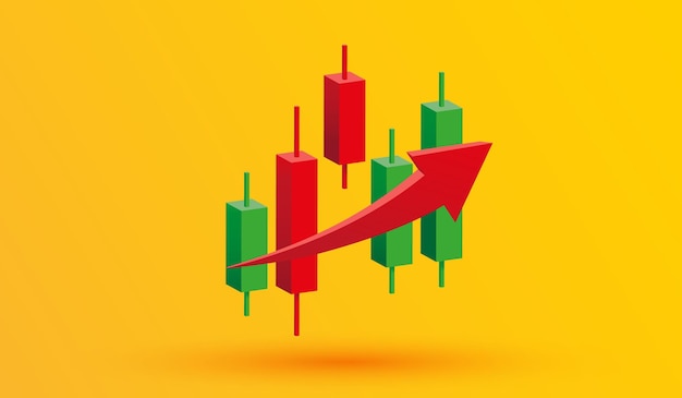 Diagrama de acciones de crecimiento gráfico financiero candelabro con flecha hacia arriba Comercio de acciones o forex icono 3d estilo de ilustración vectorial