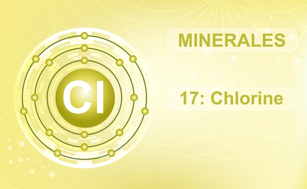 Diagrama de capa electrónica del mineral y macroelemento CL cloro el elemento 17 de la tabla periódica de elementos Fondo verde parduzco abstracto Cartel de información Ilustración vectorial