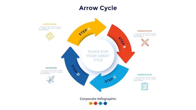 Diagrama cíclico en forma de anillo con cuatro flechas de colores concepto de 4 pasos de ciclo de producción cerrado plantilla de diseño infográfico corporativo ilustración de vector plano mínimo para análisis de negocios